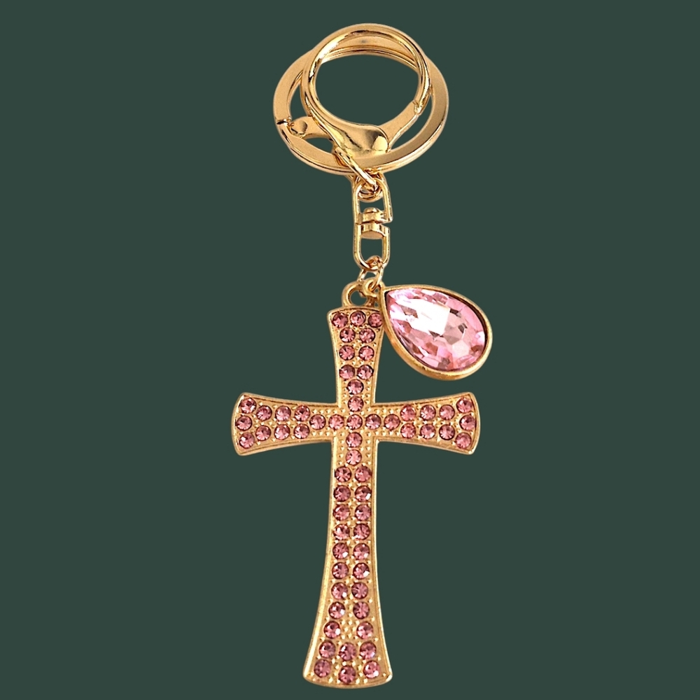 Pink Crystal Cross Bag Charm / Keychain & Teardrop Charm